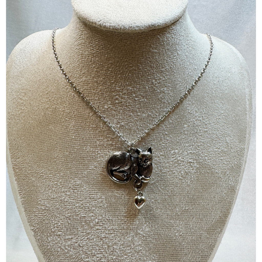 Silver Cat Necklace with Heart Charm Pendant 18-20" Chain Cute Cat N371