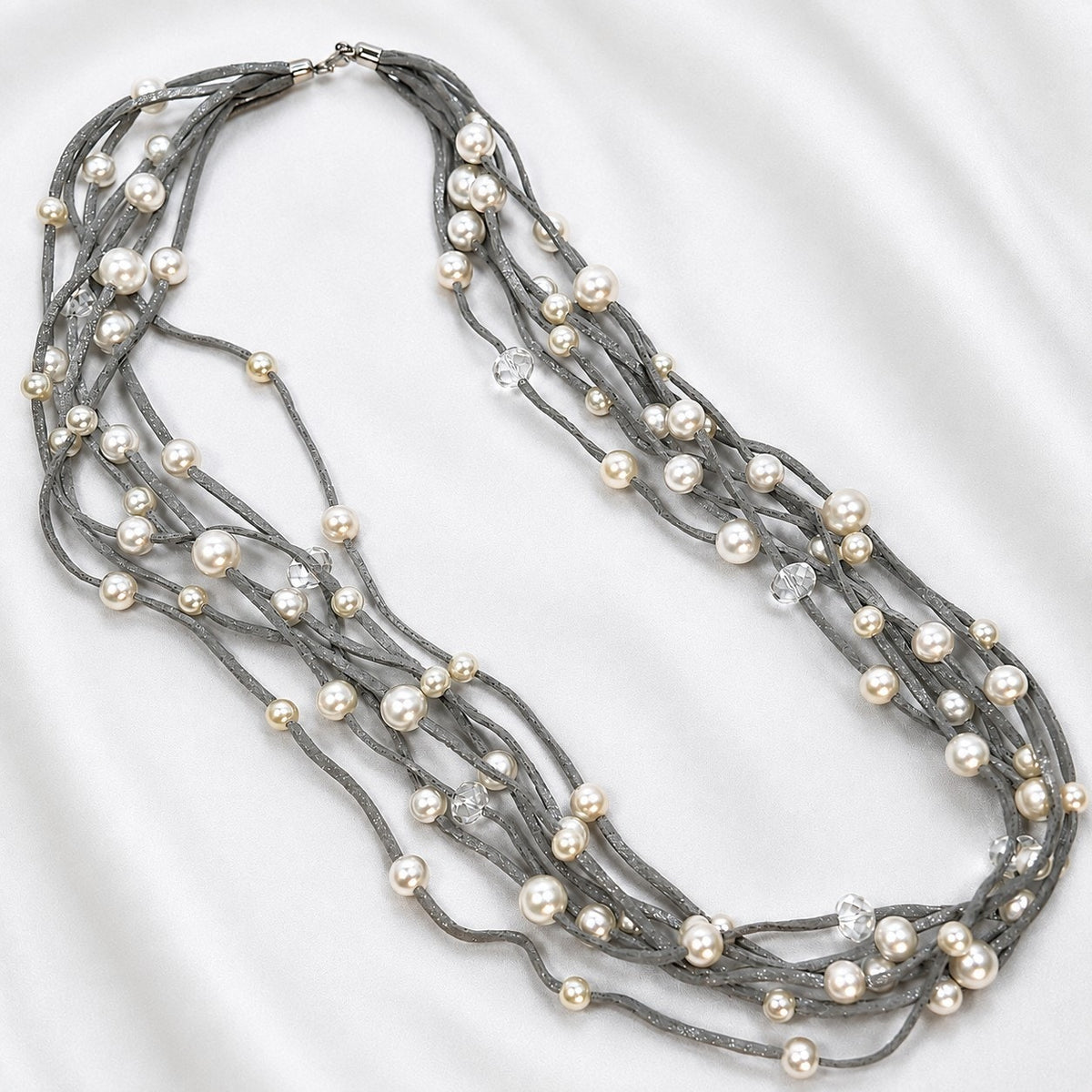 Vintage Multi Strand Faux Pearl Necklace Silver Gray Statement Jewelry N642