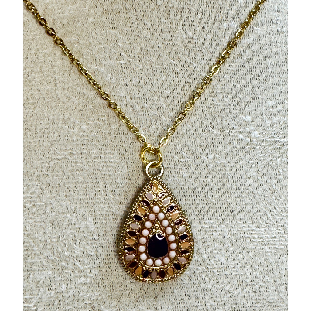 Vintage Gold Tone Teardrop Pendant Necklace Faux Pearl & Black Accent N470
