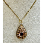 Vintage Gold Tone Teardrop Pendant Necklace Faux Pearl & Black Accent N470