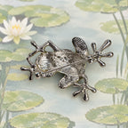 Green Rhinestone Frog Brooch Pin Silver Tone Lily Pad Nature Jewelry 2" CP183