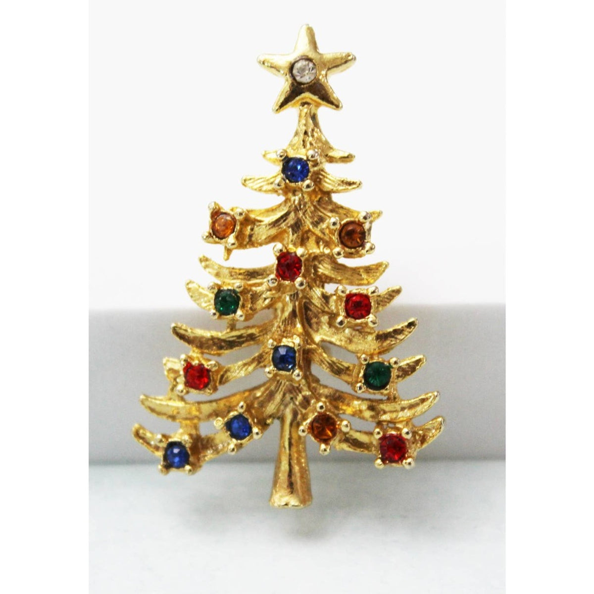 Vintage Gold Christmas Tree Brooch Pen With Rhinestones CP12