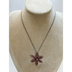 Vintage Pink Rhinestone Flower Pendant Necklace Silver Tone Floral Jewelry N457