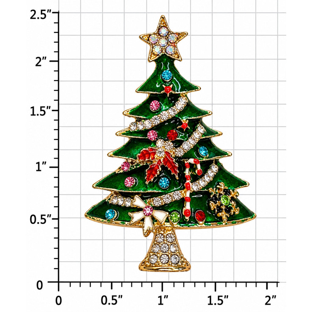Christmas Tree Brooch Green Enamel Rhinestone Gold Tone Holiday Jewelry CP267