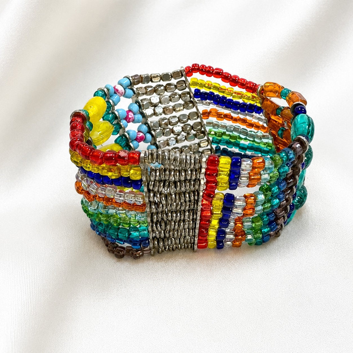 Wide Multicolor Beaded Stretch Cuff Bracelet Boho Statement B177