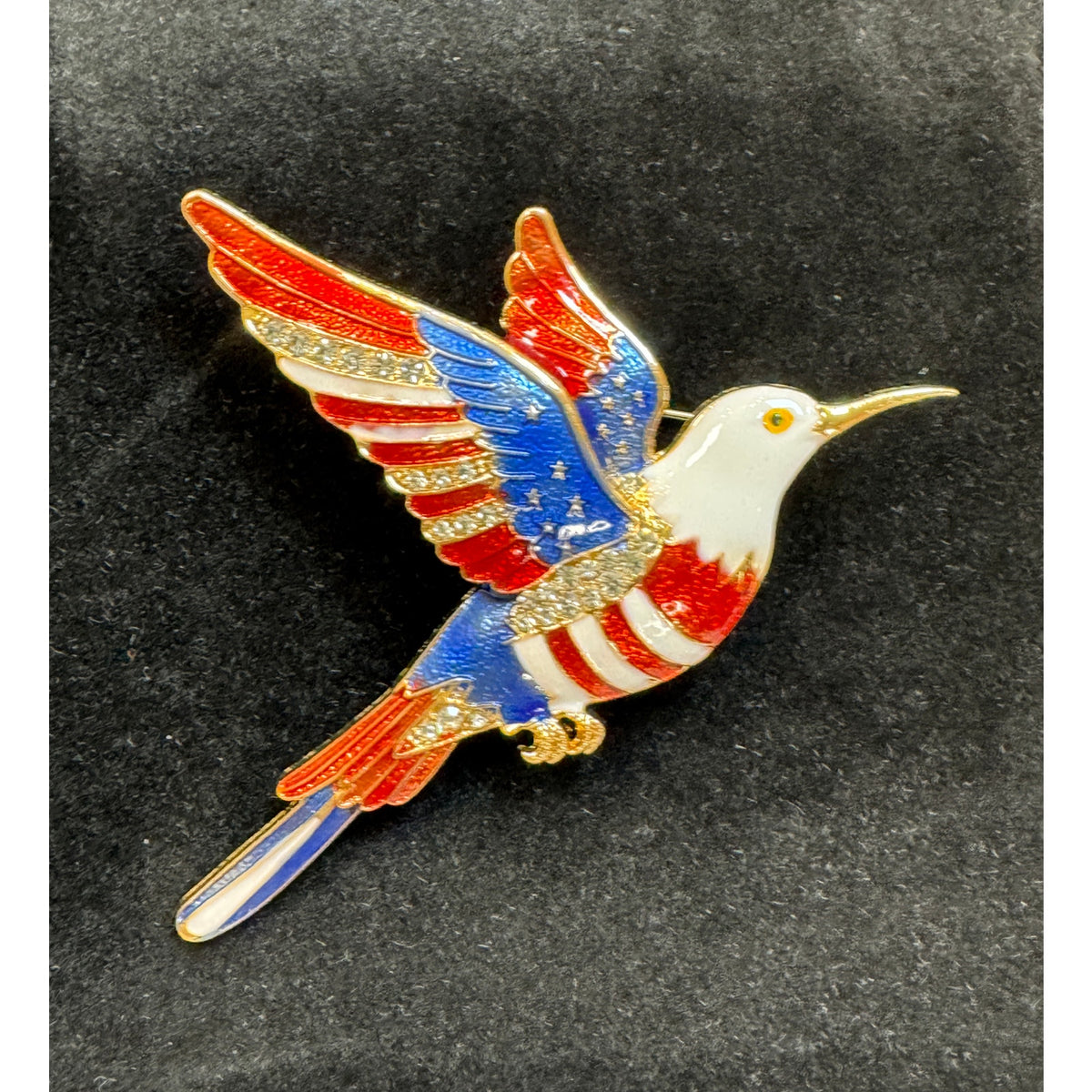 USA Flag Hummingbird Pin Brooch Gold Rhinestone Americana Patriotic 3.5"CP178