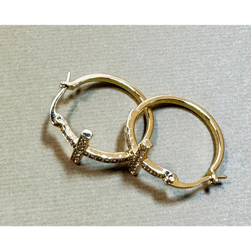 Rhinestone Cross Hoop Earrings Silver Tone Christian Faith 3/4" New E300
