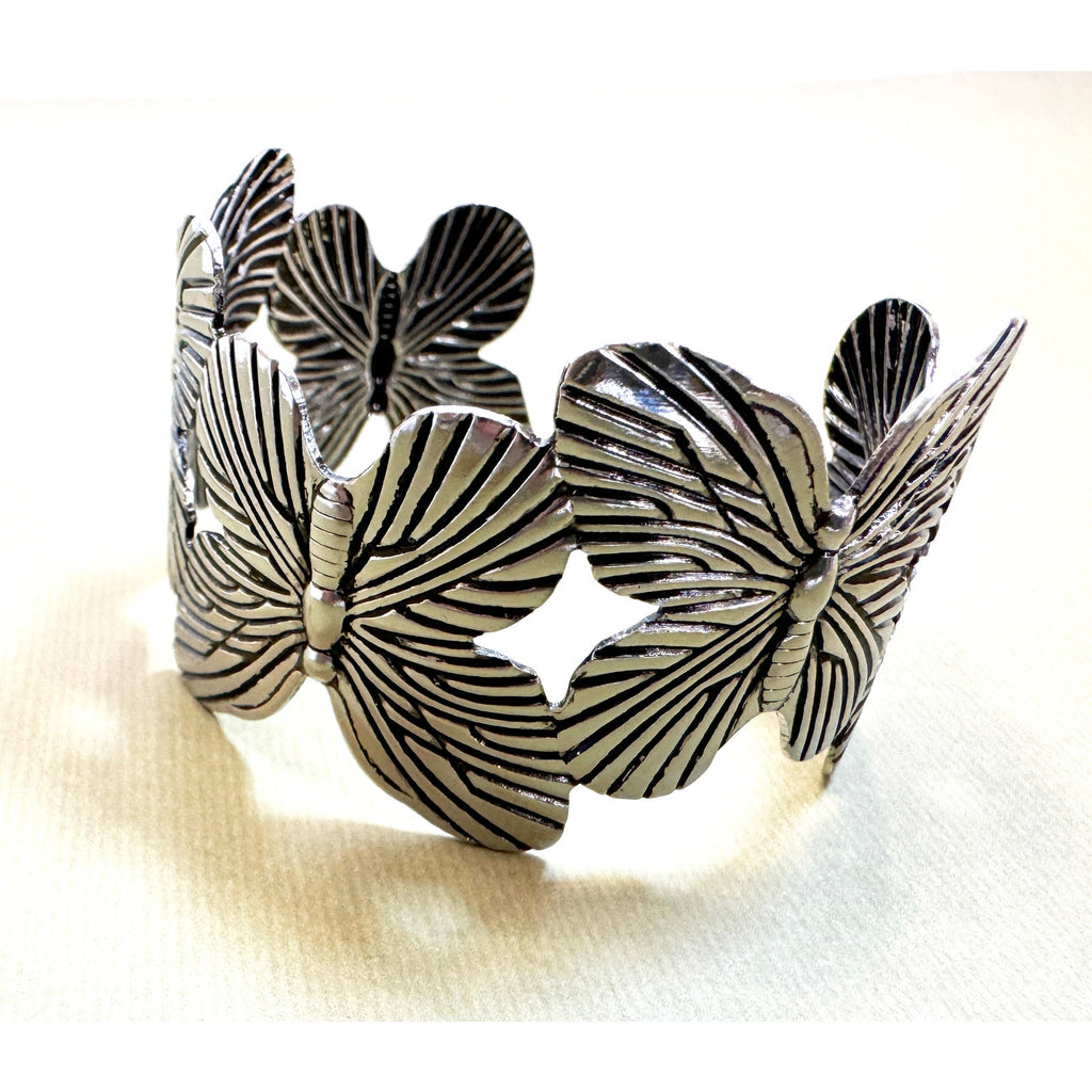 Silver Tone Butterfly Cuff Bracelet Adjustable Wide Open Bangle 1"