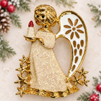 Vintage Christmas Angel Brooch Gold Tone Enamel Rhinestone Candle Pin CP258