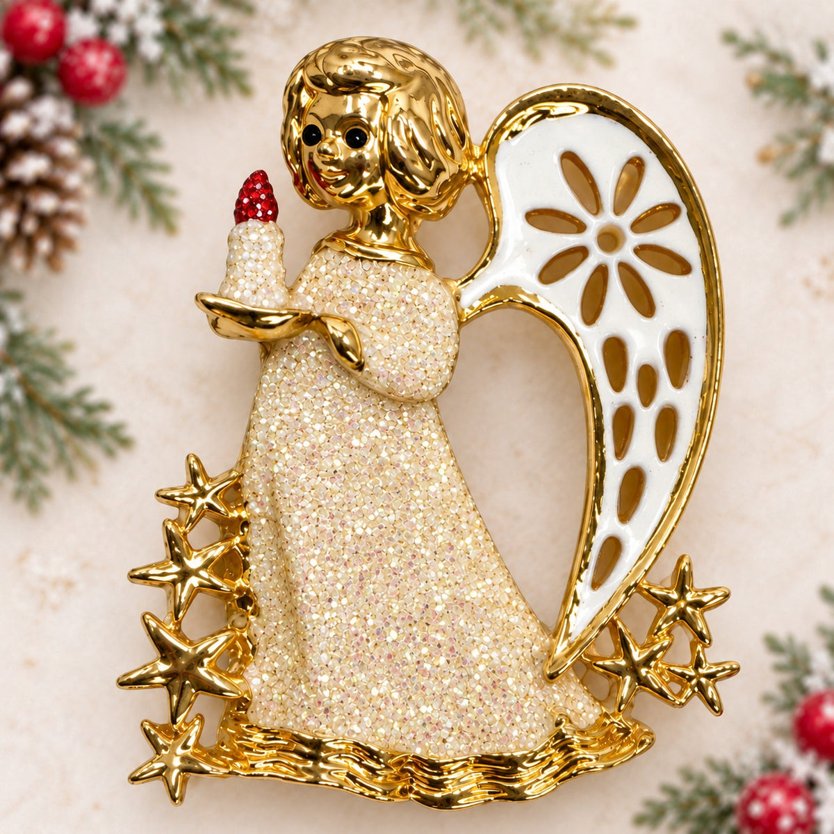 Vintage Christmas Angel Brooch Gold Tone Enamel Rhinestone Candle Pin CP258