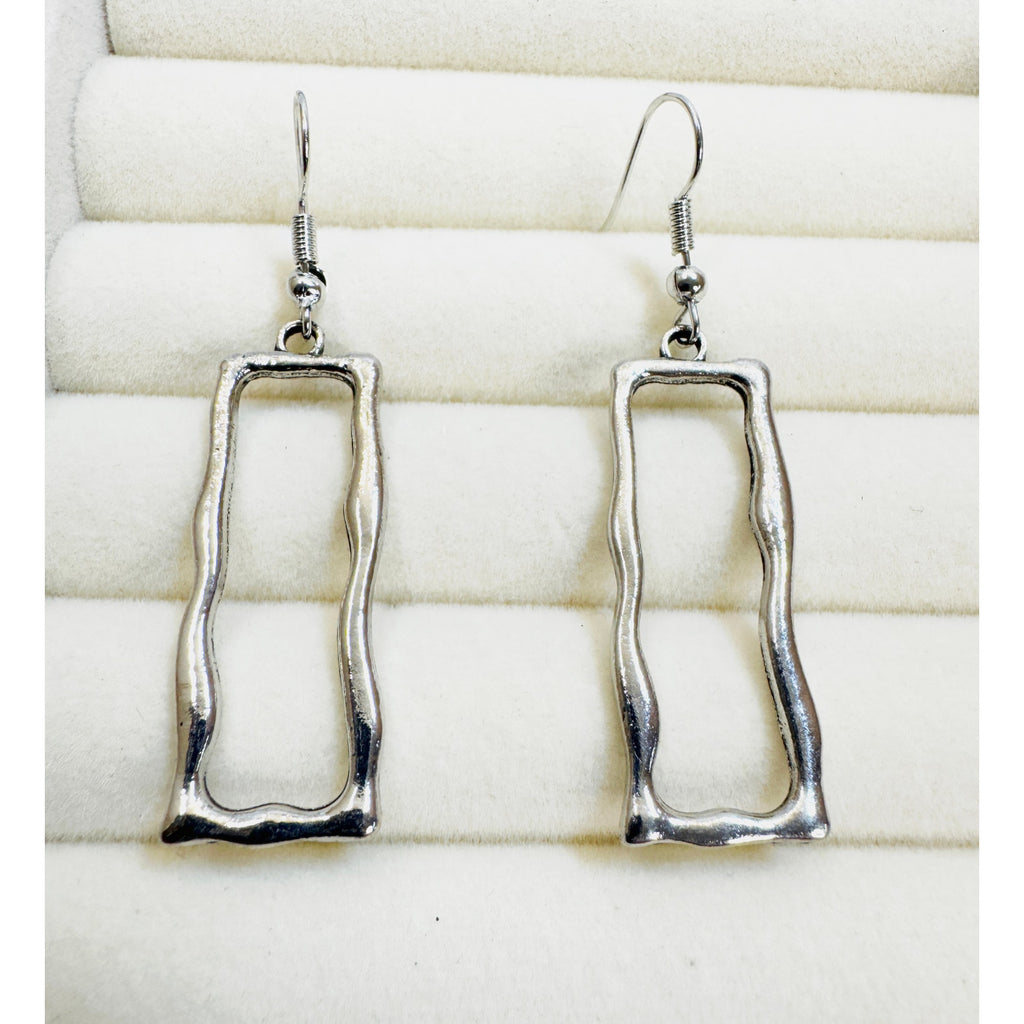 Silver Tone Open Rectangle Dangle Earrings Geometric 2.25" Long Modern E809
