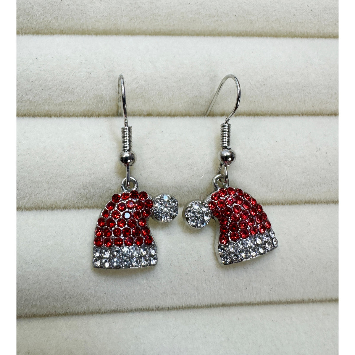 New Christmas Santa Hat Rhinestone Dangle Earrings Red White Holiday 1 Inch E494