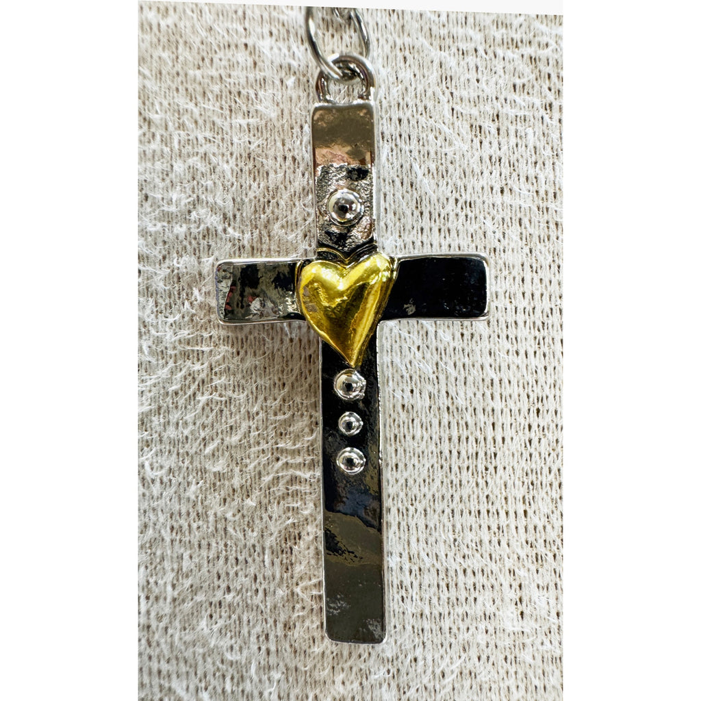 Silver Cross Necklace Gold Heart Accent Christian Faith 18-20" Chain 1.5" N360