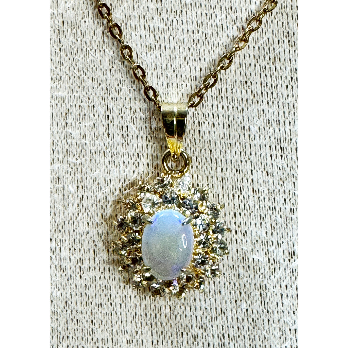 Vintage Style Opalite & Rhinestone Pendant Necklace Gold Tone 20" Chain