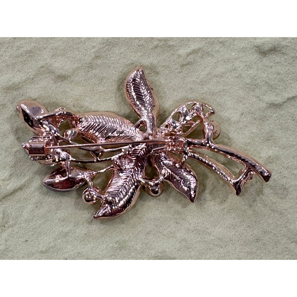 Vintage  Mid-Century Rhinestone Flower Leaf Brooch with Red Green Marquise CP27