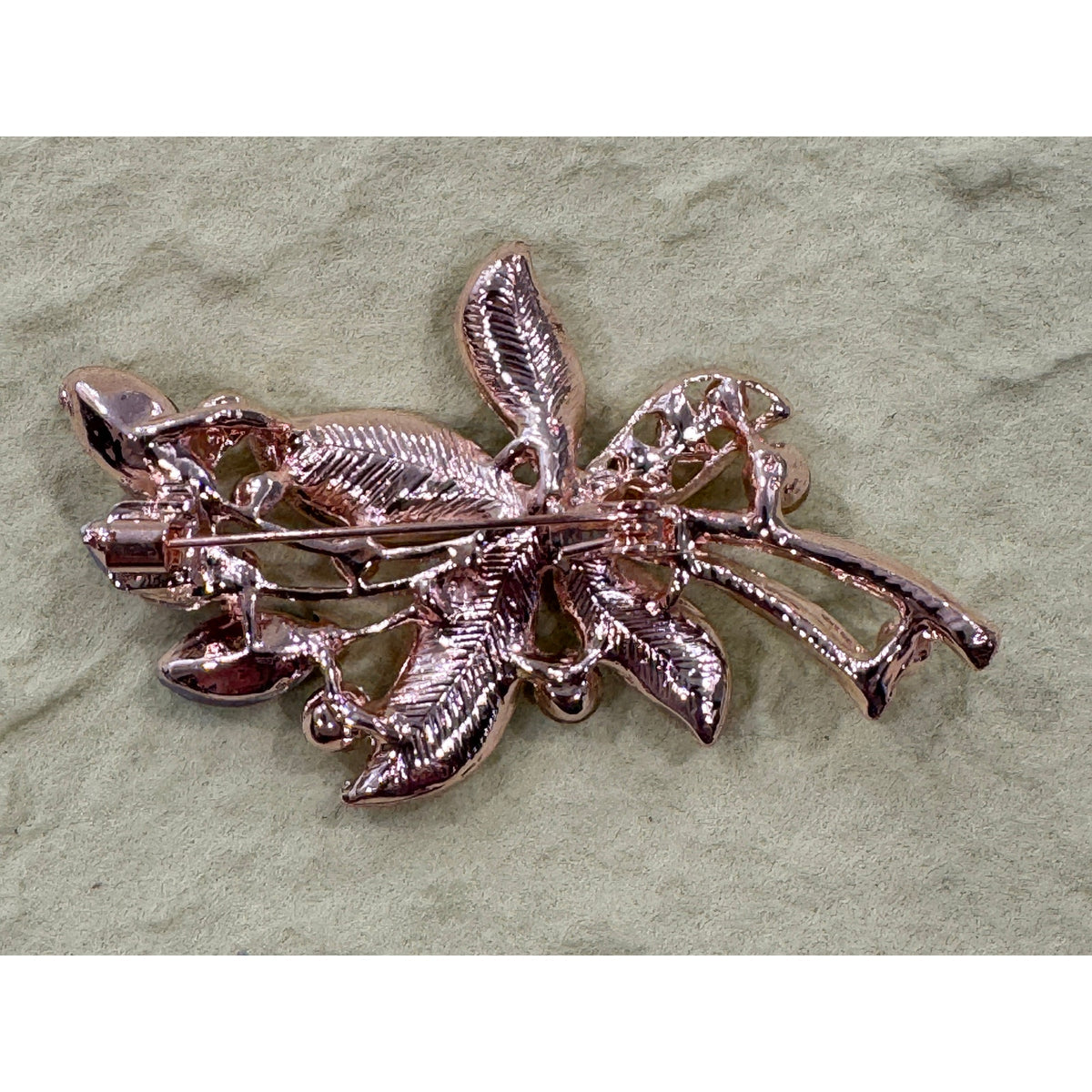 Vintage  Mid-Century Rhinestone Flower Leaf Brooch with Red Green Marquise CP27