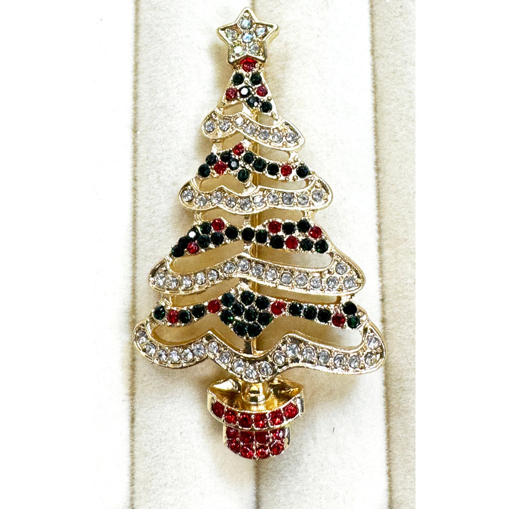 Rhinestone Christmas Tree Brooch Pin Gold Tone Red Green Crystal 2.25" CP220