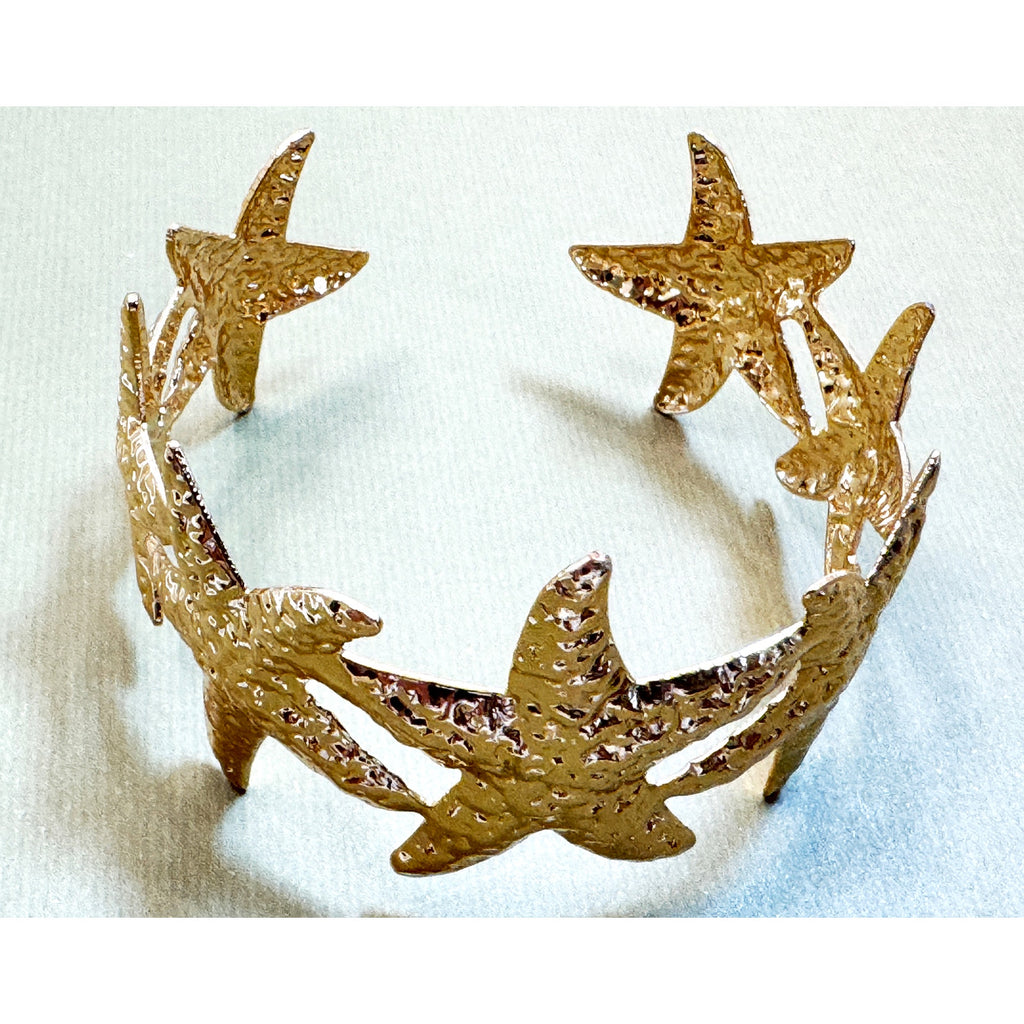 Gold Tone Starfish Cuff Bracelet Adjustable Beach Ocean Coastal Statement B148