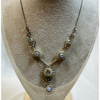 Vintage AB Rhinestone Necklace & Earrings Set Silver Filigree 16"  Bridal N356
