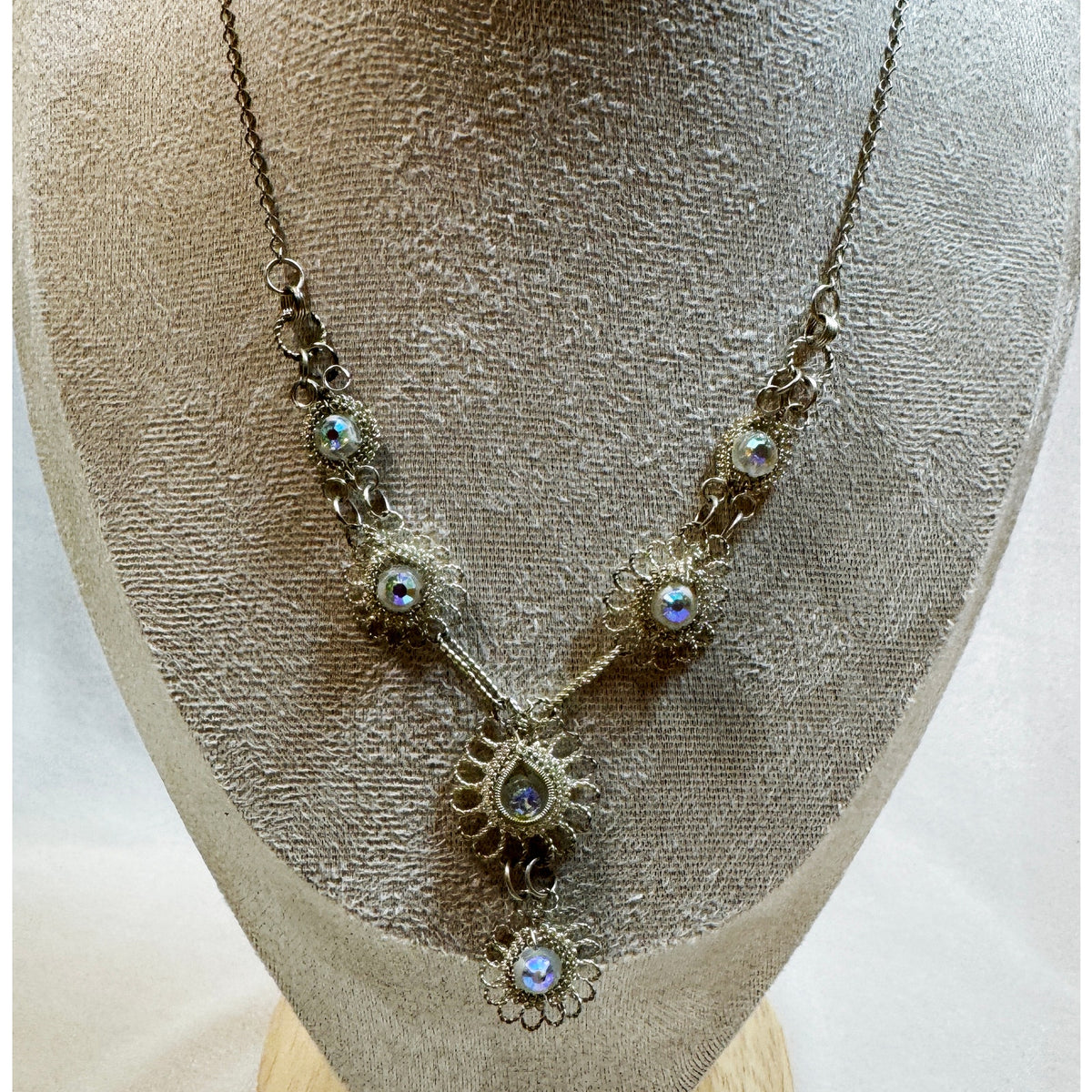 Vintage AB Rhinestone Necklace & Earrings Set Silver Filigree 16"  Bridal N356