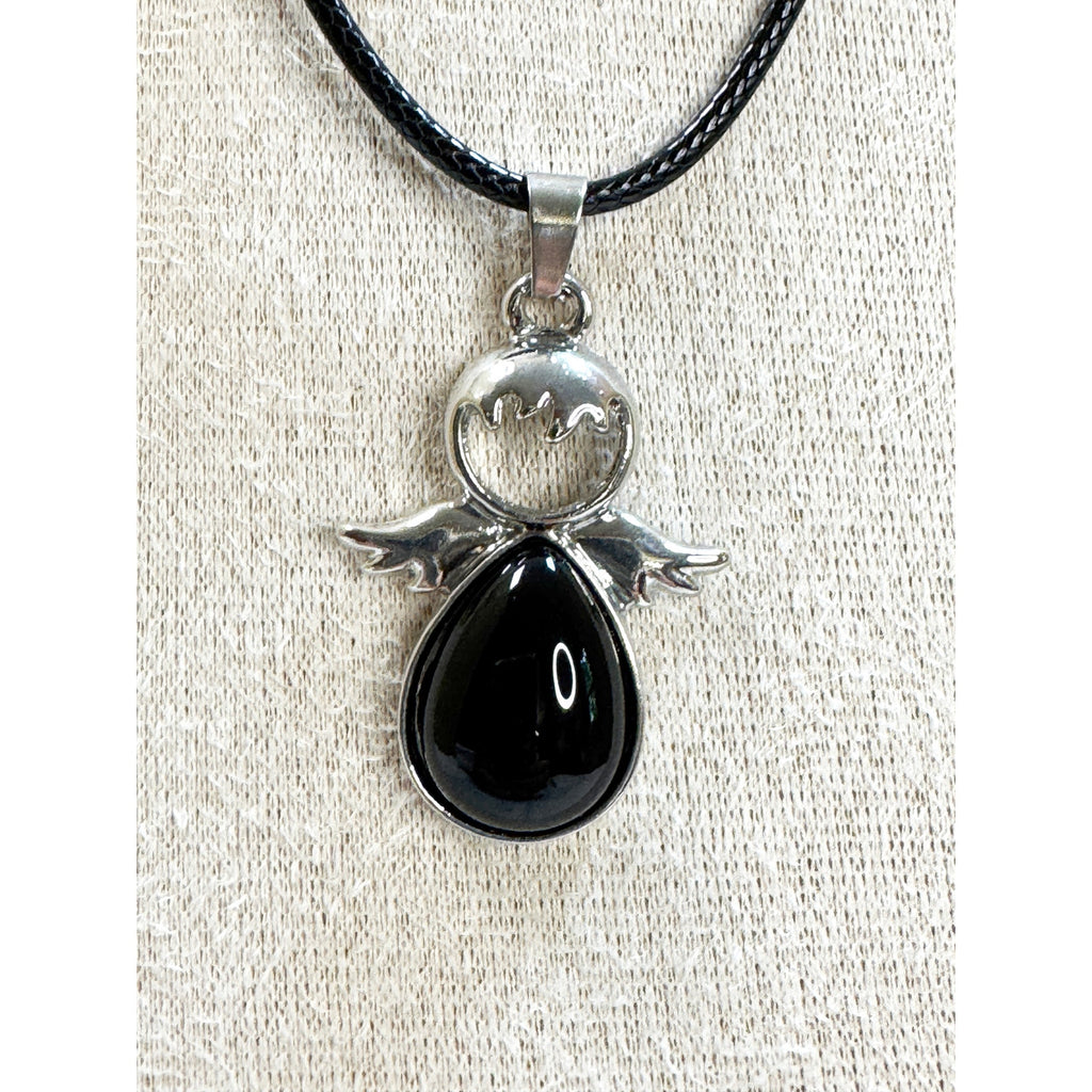 Black Angel Necklace Silver Tone Pendant W/ Stones on a 24" Black Cord 1.5" N546