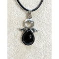 Black Angel Necklace Silver Tone Pendant W/ Stones on a 24" Black Cord 1.5" N546