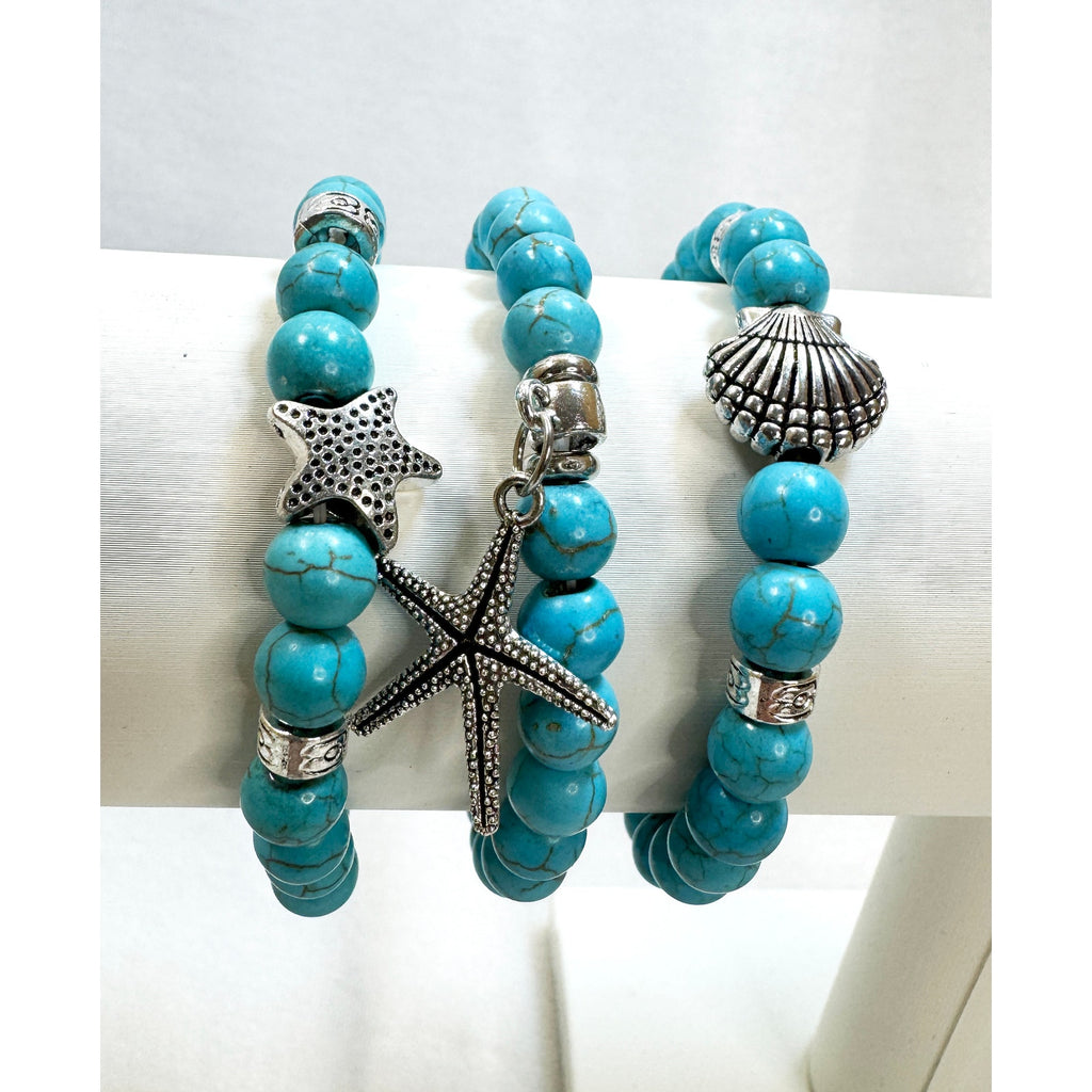 Set of 3 Turquoise Stretch Bracelets Starfish Shell Beach Charm Boho  B103