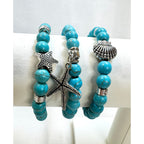 Set of 3 Turquoise Stretch Bracelets Starfish Shell Beach Charm Boho  B103