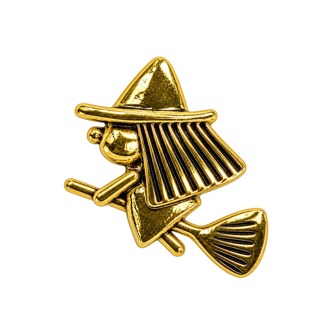 Gold Tone Witch Lapel Pin Flying Broom Halloween Costume Jewelry CP159