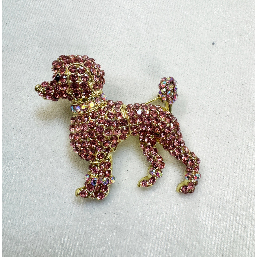 New Pink Rhinestone Poodle Brooch Pin Pendant Gold Dog Puppy Crystal 2"  CP199