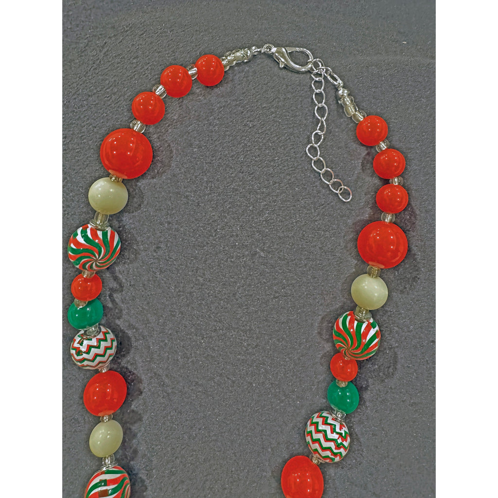 Whimsical Candy Cane & Peppermint Swirl Beaded Christmas Necklace N110