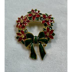 New Enamel Christmas Wreath Brooch Pin Red Poinsettia Green Bow 2" CP160