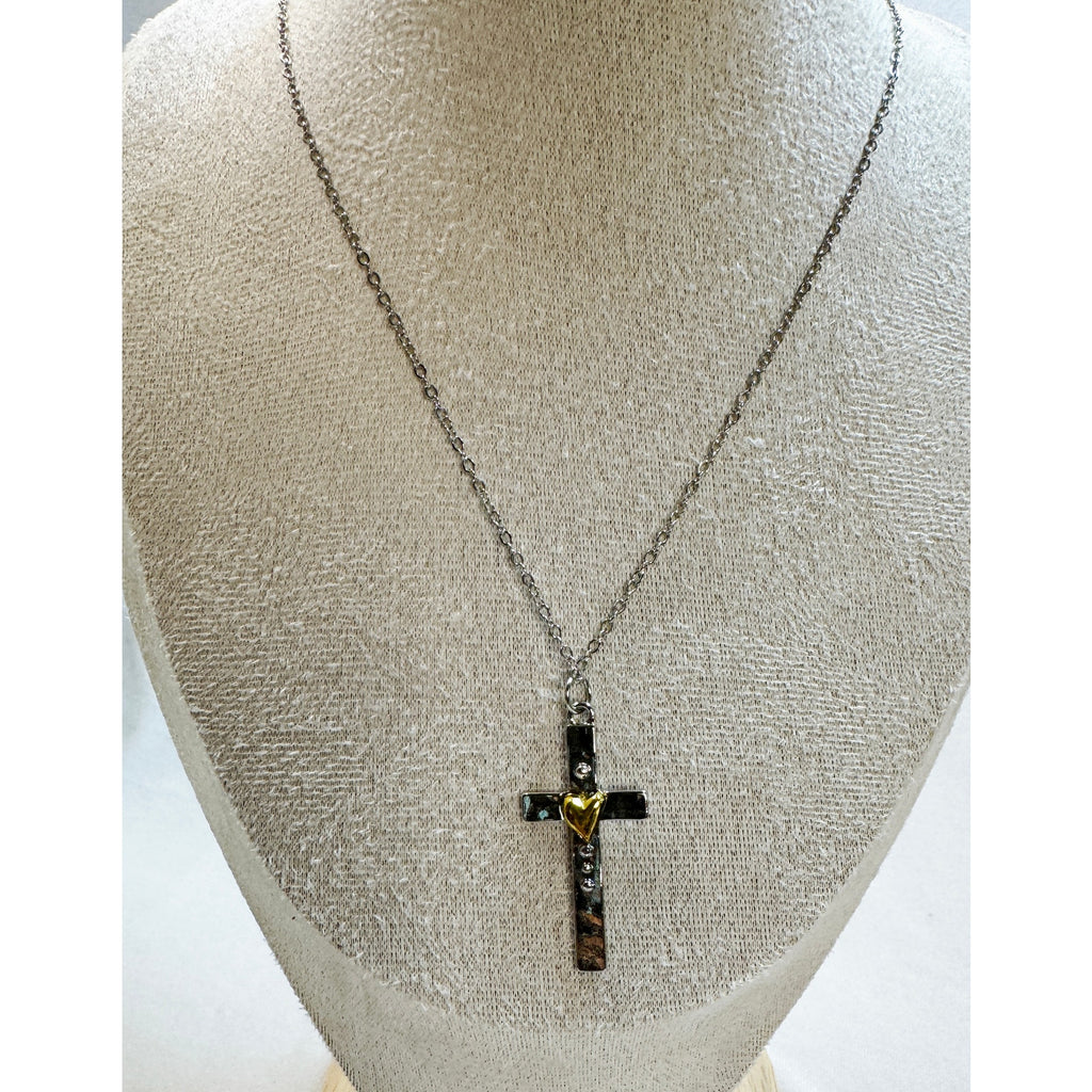 Silver Cross Necklace Gold Heart Accent Christian Faith 18-20" Chain 1.5" N360