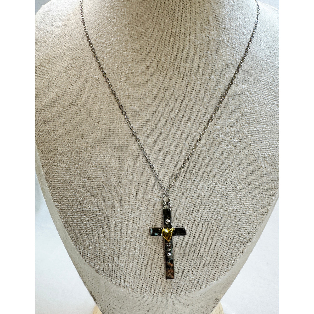 Silver Cross Necklace Gold Heart Accent Christian Faith 18-20" Chain 1.5" N360