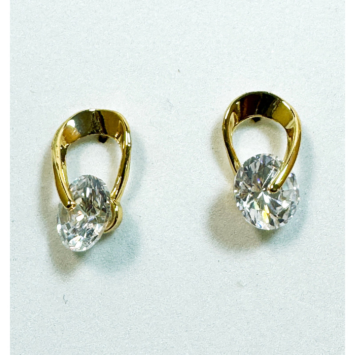 Gold Tone CZ Post Earrings Oval Cubic Zirconia Studs 5/8 x 3/8 Inch E294