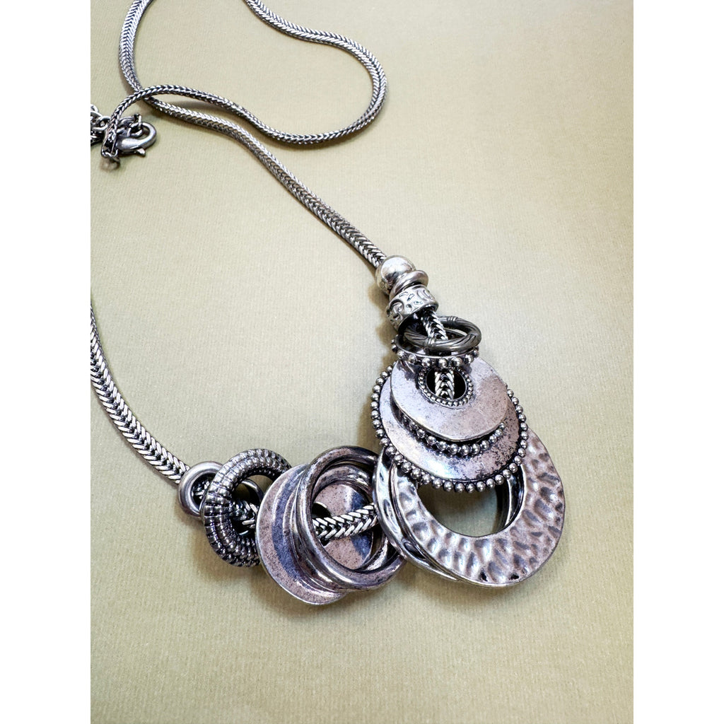 Vintage Silver Tone Statement Necklace 36" Long Multi Ring Pendant N413