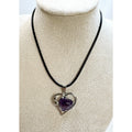 Purple Heart Stone Pendant Necklace 24" Black Cord Silver Tone Boho N526