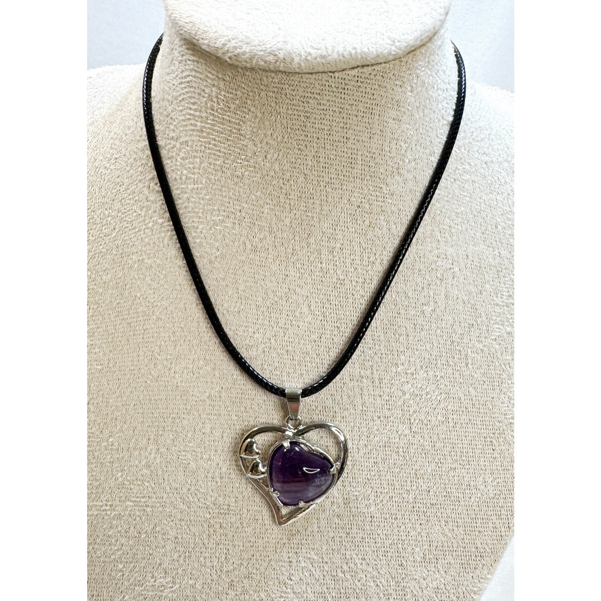 Purple Heart Stone Pendant Necklace 24" Black Cord Silver Tone Boho N526