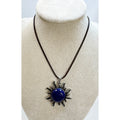 Dark Blue Stone Sun Pendant Necklace Silver Tone on 24" Black Cord 1.5" CP N532