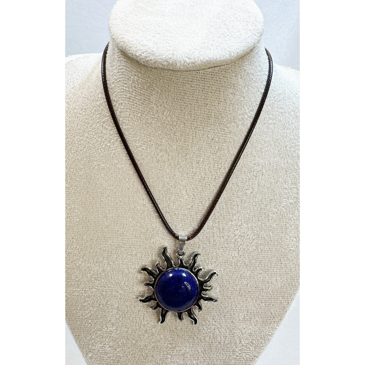 Dark Blue Stone Sun Pendant Necklace Silver Tone on 24" Black Cord 1.5" CP N532