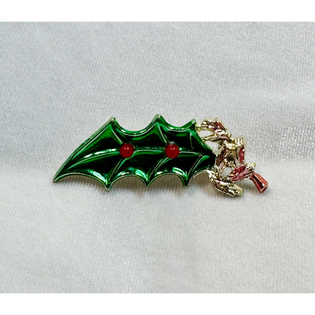 Vintage Enamel Holly Leaf Brooch Pin Green Red Gold Tone Christmas  2.25" CP182