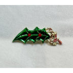 Vintage Enamel Holly Leaf Brooch Pin Green Red Gold Tone Christmas  2.25" CP182