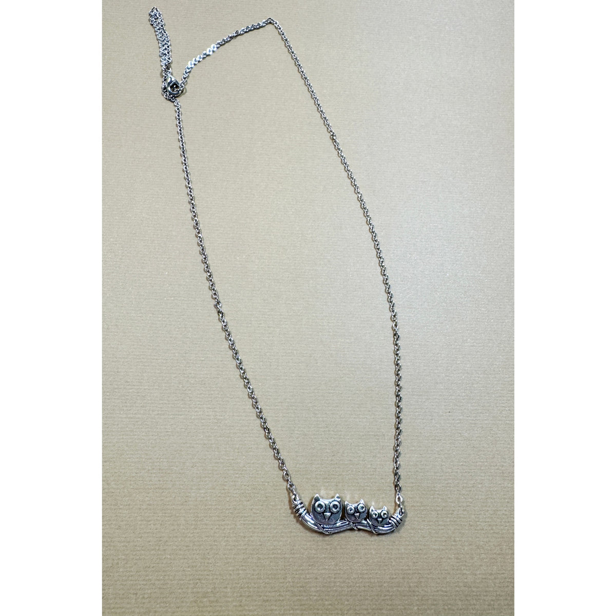 Silvertone Owl Family Necklace on Branch Bird Jewelry 1.25" Wide  N306