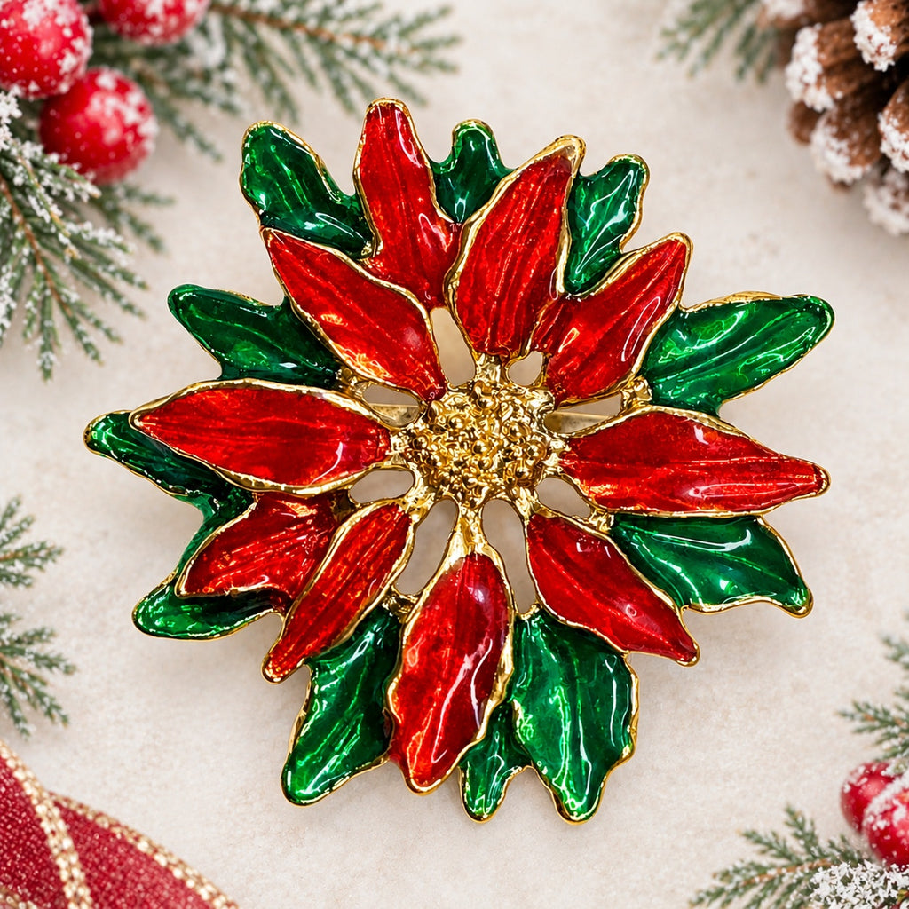 Christmas Poinsettia Brooch Red Green Enamel Gold Tone Holiday Pin CP269