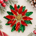Christmas Poinsettia Brooch Red Green Enamel Gold Tone Holiday Pin CP269