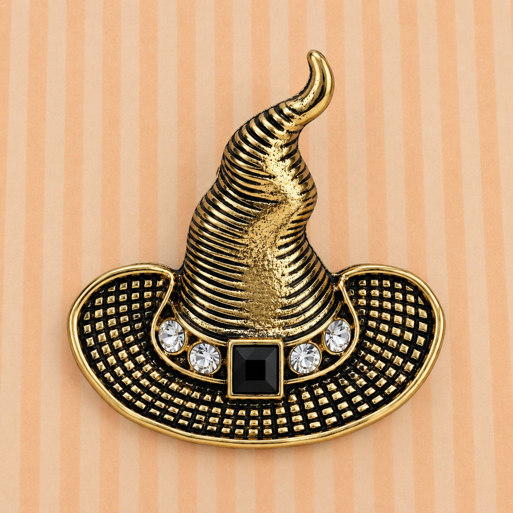 Witch Hat Brooch Pin Gold Tone Black Rhinestone Halloween Jewelry Costume CP182