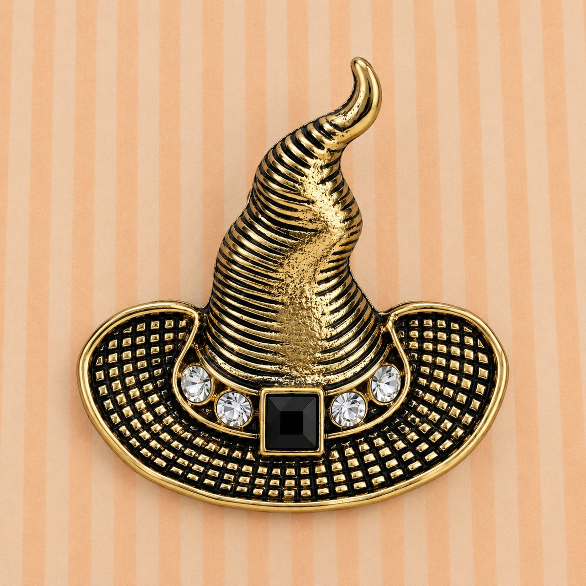 Witch Hat Brooch Pin Gold Tone Black Rhinestone Halloween Jewelry Costume CP182