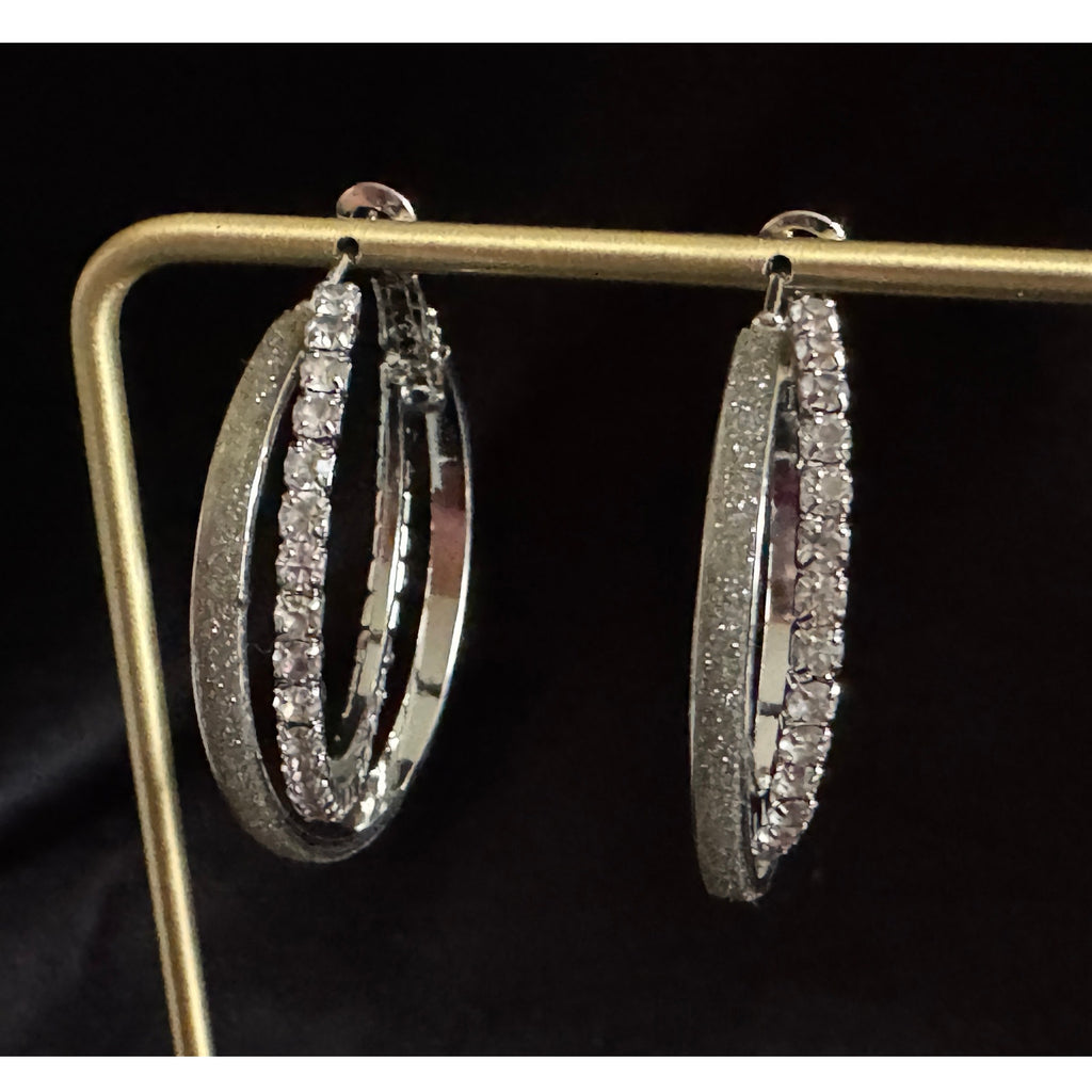 Vintage 1.25" Silver Tone and Rhinestone Double Hoop Earrings E108