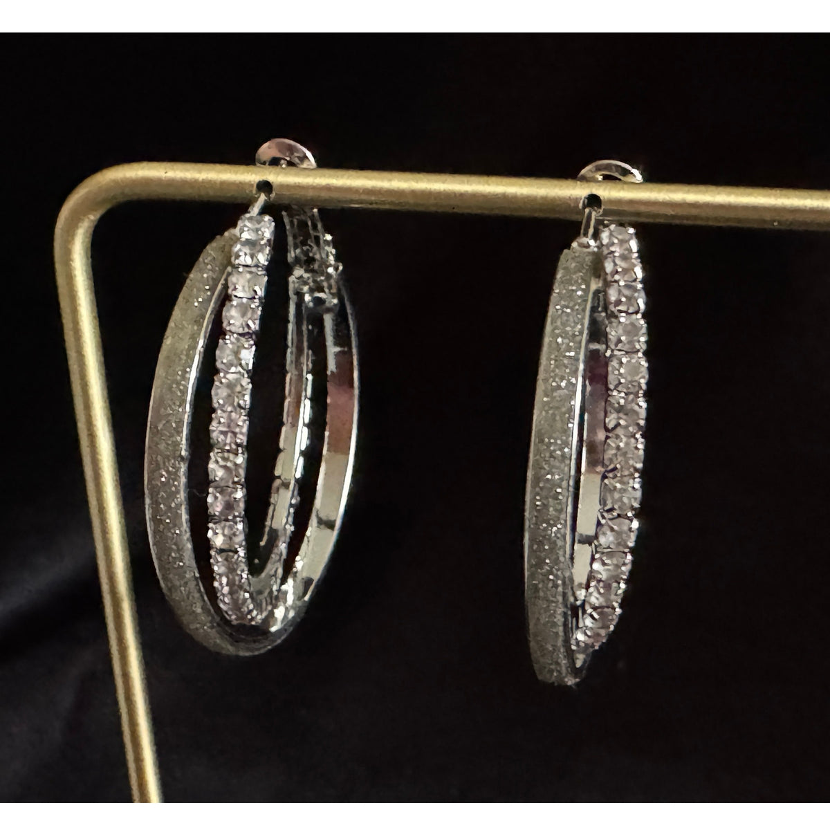 Vintage 1.25" Silver Tone and Rhinestone Double Hoop Earrings E108