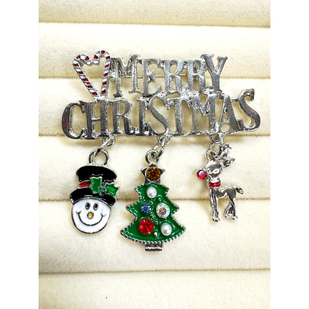 Merry Christmas Pin Brooch Snowman Tree Reindeer Charms Holiday Brooch 2" CP161